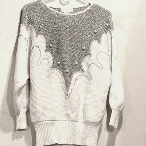 Vintage Oversized Sequins, Gems, White & Silver, Knit Sweater, Sparkly
